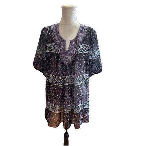 Studio Y Sheer Floral Paisley Beaded Blouse V Neck Sz XL Purple Whimsigoth - Picture 1 of 11